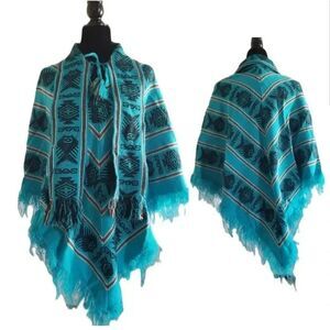Vintage Aztec Design Turquoise Poncho Knit Cape‎ Shawl W/Fringe